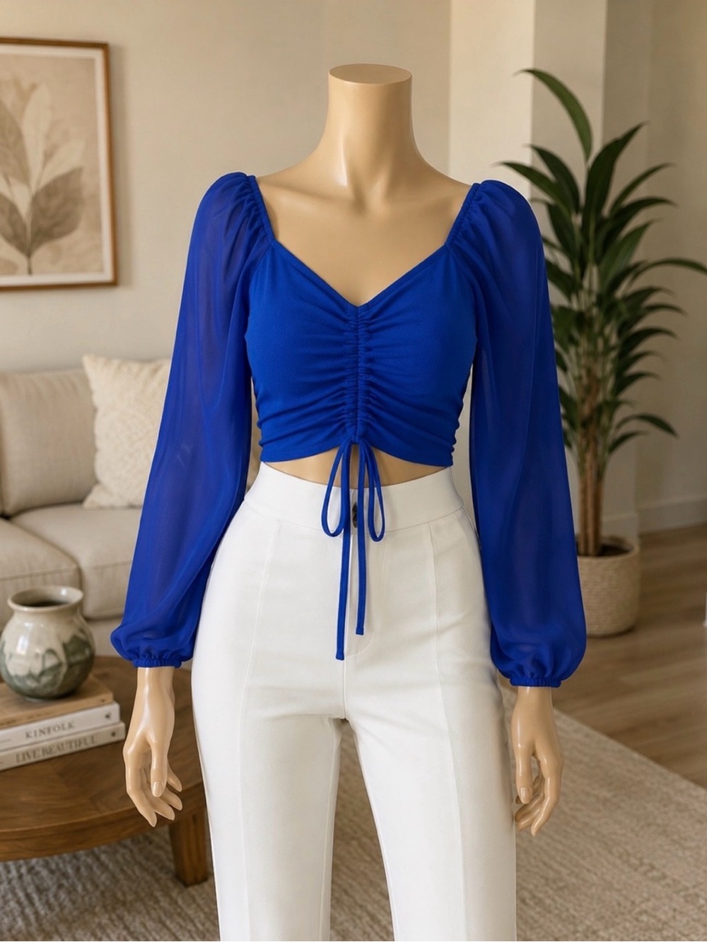 🆕 Women’s Royal Blue Ruched Drawstring Crop Top - Picture 1 of 6
